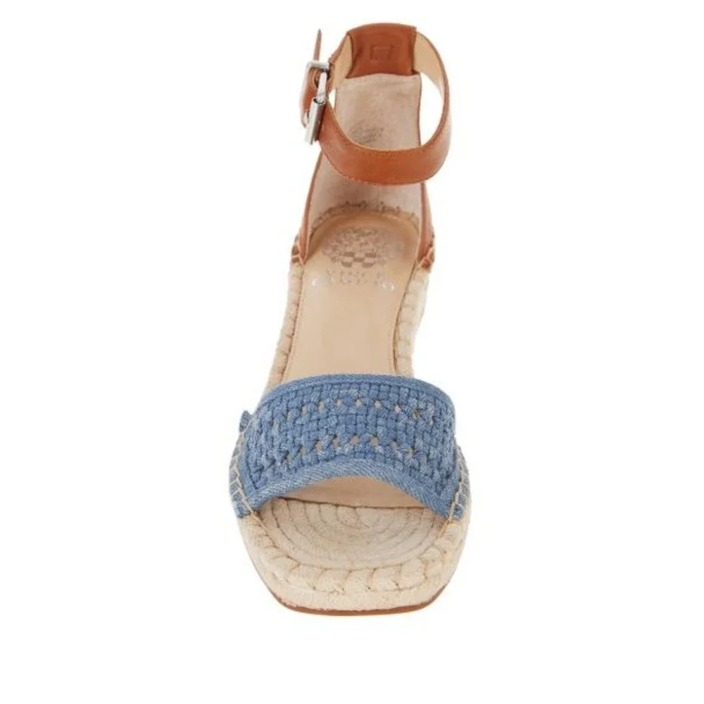 NIB Vince Camuto Jellisa Espadrille Wedge Sandal Light Blue/Barn Brown Size 10